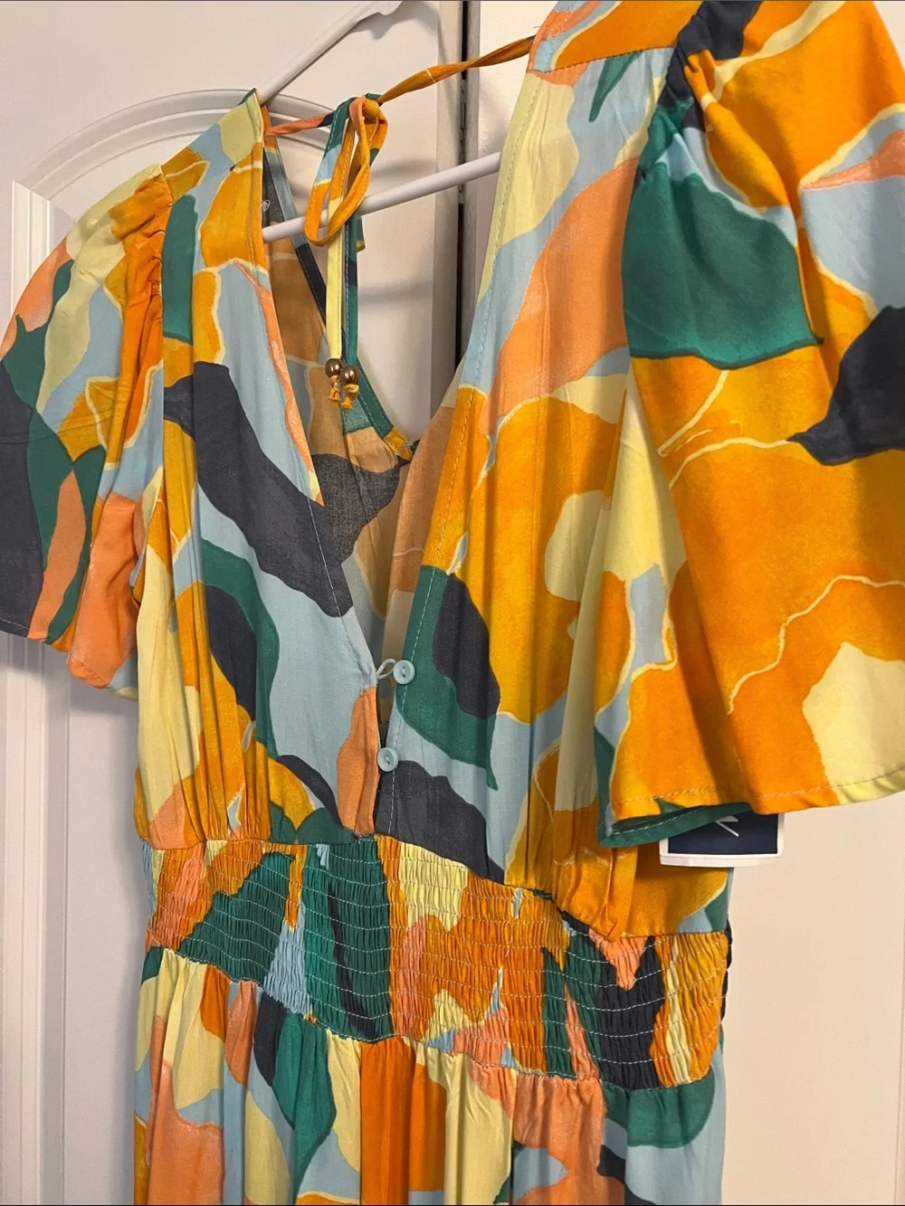 Colorful Abstract Maxi Dress in Yellow, Teal & Coral